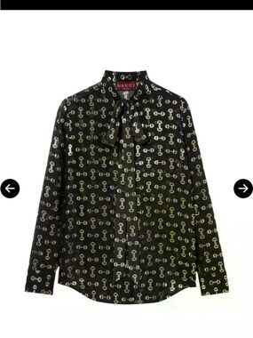 Gucci Black Chain-Link Print Tie-Neck Shirt